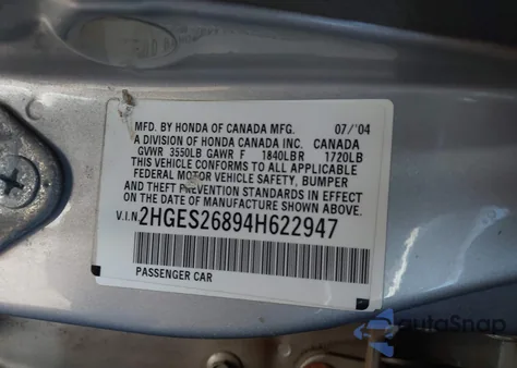 2004 Honda Civic Ex из США, поврежденный, VIN 2HGES26894H622947